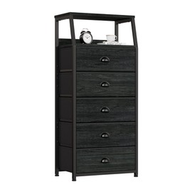 Furnulem Black Dresser with 5 Drawers, Vertical Storage Tower Fabric Dresser for Bedroom, Hallway, Entryway, Nursery, Closet Organizer, Nightstand Bedside Table Furniture, Sturdy Steel Frame, Wood Top
