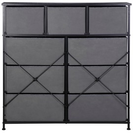 HomGarden Dresser with 9 Drawers, Tall Vertical Storage Tower Standing, Sturdy Metal Frame, Fabric Storage Bin with Handle for Bedroom Office Closet Entryway Living room, Grey