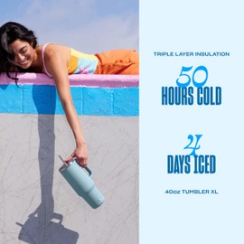 S'well Recycled Stainless Steel Tumbler XL with Straw and Handle, 40oz, Powder Blue, Triple Layered Vacuum Insulated Container Keeps Drinks Cold 50 hours and Hot for 10, BPA Free