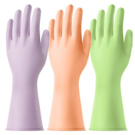 AUAUY 3 Pairs Reusable Household Washing up Gloves, Rubber Soft Cleaning Gloves, Non-Slip and Waterproof Dishwashing Gloves with Embossed Palm for Kitchen Cleaning, Gardening (Green+Orange+Purple, S)