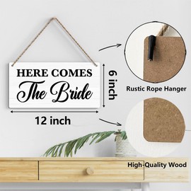 BELLOWDEER Rustic Wedding Sign Here Comes the Bride, Funny Wedding Decor Wedding Stuff Engagement Wedding Decorations, Ring Bearer Sign 12x6 Inches (White)