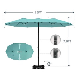 GREEN PARTY 15 ft Rectangle Patio Umbrella with Base Included, Double-Sided Table Umbrella with Crank, Large Outdoor Umbrellas for Patio Poolside Garden Backyard, Turquoise