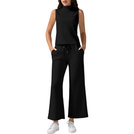 Casly Lamiit Two Piece Outfits for Women Wide Leg Pants Lounge Sets 2024 Fashion 2 Piece Summer Sets Sleeveless Round Neck Top Matching Sets Spring Trending Tracksuit Black L
