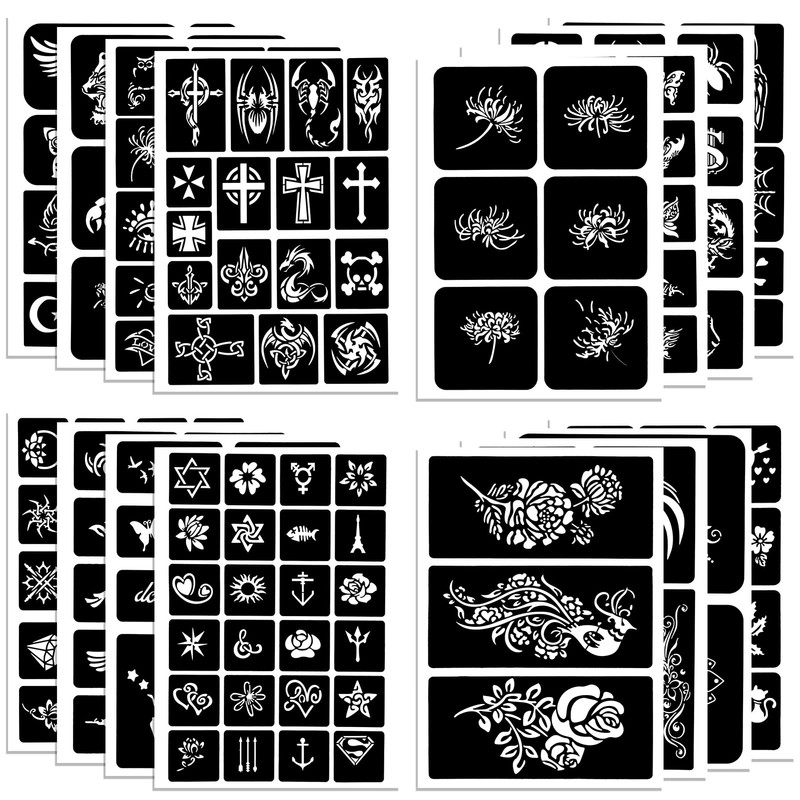 Qpout Tattoo Stencils for Children and Adults, 16 Sheets Henna