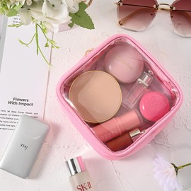 Aveniee Small Clear Makeup Bag, Mini Makeup Bag for Purse Organizer, Cosmetic Bag Travel Zipper Pouch for Women, Cute Car Accessories for Skincare Lipstick Essentials-Pink