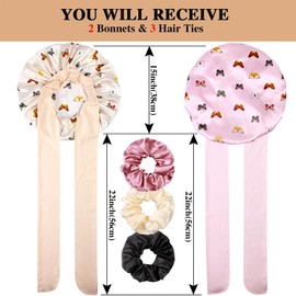 2+3 Large Satin Bonnets with Scrunchies for Women, Hair Bonnet Sleeping Tie Bonnet for Braids Curly Hair, H