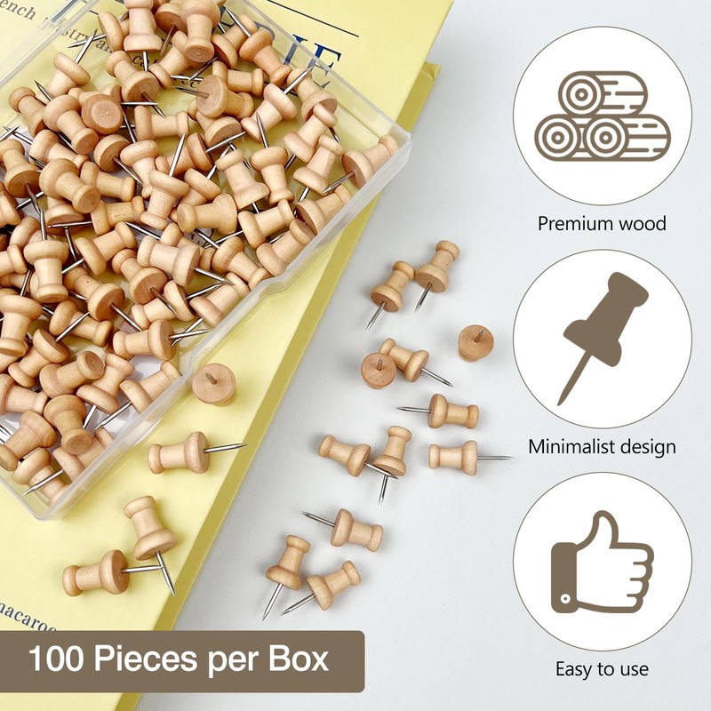 100PCS Wooden Push Pins – Decorative Thumb Tacks for Cork