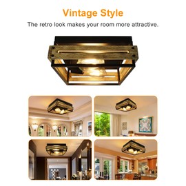 Farmhouse Ceiling Light 2 Lights Ceiling Light Farmhouse Light Fixtures Ceiling Vintage Rustic Lights Metal and Wood Square Lighting Fixture for Hallway Living Room Farmhouse Lighting