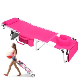 WHEEL-2-GO Heavy Duty Tanning Chair with Padded Face Hole Adjustable Folding Chaise Lounge Chairs for Outside Portable Layout Beach Chair w/ Wheels for Outdoor Sunbathing Patio Pool Lawn Deck Poolside