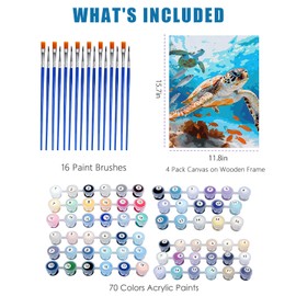 Ninonly Paint by Numbers Kit with Framed Canvas 12x16 Inch, 4 Pack Beach Sea Turtle Paint by Number Art Kits for Adults Beginner with Wooden Easel, Paint Brushes, Acrylic Paint,