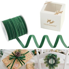HUIHUANG Green Velvet Ribbon 3/8 inch x 25 Yards Single Face Forest Green Velvet Ribbon for Christmas Tree Ornaments, Gift Wrapping, Wreath Decor, Fall Decor, Invitations, Bows, Flower Bouquet