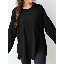 Wihion Women Oversized Long Sleeve T-Shirts Cotton Casual Crewneck Solid Tunic Tops with Pocket Black