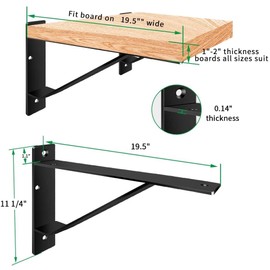 Heavy Duty Shelf Brackets 20 inch, Industrial Wall Brackets with Lip Metal Storage Brackets Outdoor/Indoor Include Screws 2 Pack Black
