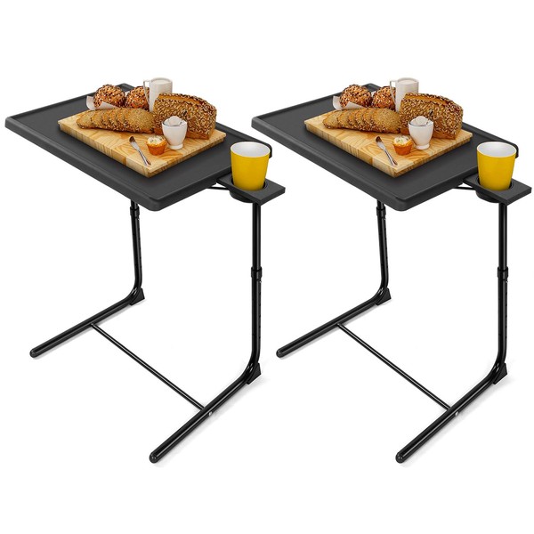 LORYERGO Multifunctional TV Tray Table - [2 Packs] Adjustable TV Dinner Tray Tables with 6 Height & 3 Tilt Angle, Folding TV Trays with Cup Holder for Bed & Sofa, for Eating & Reading
