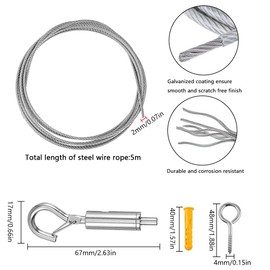 Wire Rope Lattice Set 5M Stainless Steel Wire Rope with Length Adjustable Hook Coated 2mm Coated 7X7 Stainless Steel Rope as Tent Rope Clothesline Climbing Plant Rope Curtain Rope Shower Curtain Rope
