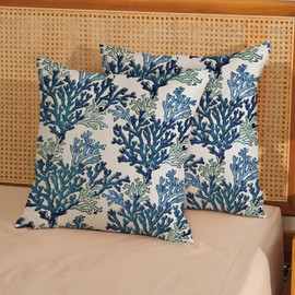 Summer Coastal Pillow Covers 20x20 Pack of 2 Navy Blue Coral Throw Pillow Covers Outdoor Decor Coral Branch Ocean Themed Beach Decorative Pillowcase Beachy Nautical Cushion Case for Sofa Couch
