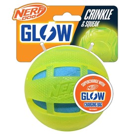 Nerf Dog 3.8in TPR Glow Checker Squeak and Crunch Ball Dog Toy -Green with Light Blue Crunch Bag