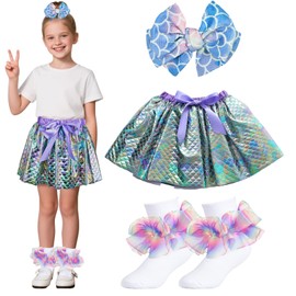 Rainbow Tutu Skirts, Layered Tulle Dance Skirt with Bow, Mermaid Scale Pattern，Toddler Girls Skirts' & Skorts, Purple, 4-6 Years