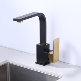 WOWOW Single Hole Bar Sink Faucet Black and Gold Single Handle Bar Faucet Modern Mini Bar Faucet with Water Supply Hose 360 Swivel RV Sink Faucet Small Wet Bar Sink Faucet