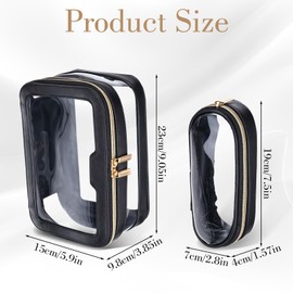 Travel Clear Makeup Bag with Makeup Brush Bag, Black Waterproof Toiletry Bags with Zipper, Leather Make Up Case Portable Cosmetic Organizer Storage Bags