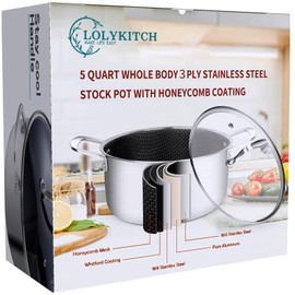 LOLYKITCH 5 QT Tri-Ply Hybrid Stainless Steel Non-Stick Stock Pot with Lid,Induction Cooking Sauce Pot,Soup Pot,Dishwasher and Oven Safe.