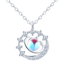 feilok 925 Sterling Silver Planet Necklace for Women Moon Star Pendant Chain Women's Necklace Cubic Zirconia Moonstone, Cubic Zirconia