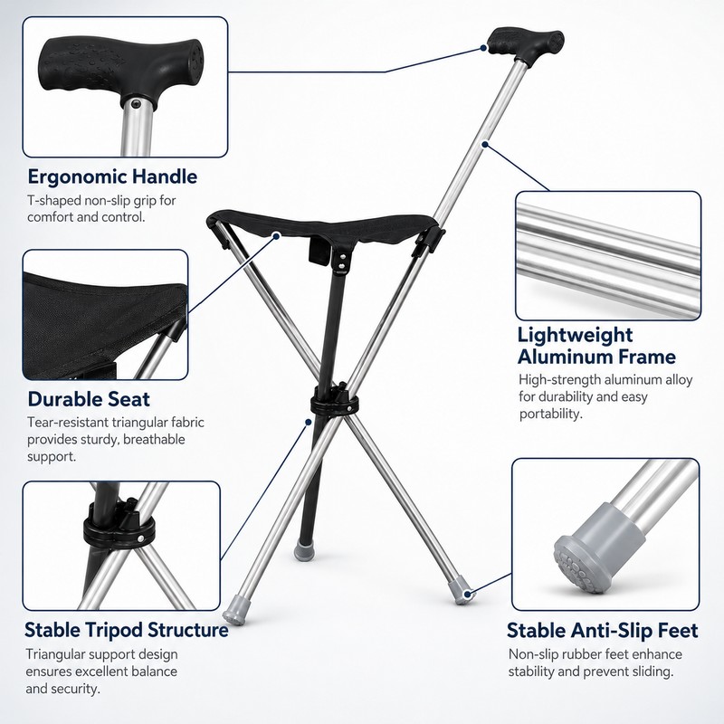 Folding Cane Seat for Outdoor Walking – Lightweight Walking Stick