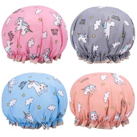 Gorros de ducha de unicornio para cabello largo y grueso, linda cubierta de pelo para mujeres y niñas, sombrero de baño impermeable, capó de doble capa