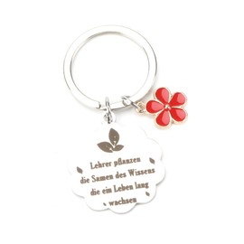 Stainless Steel Keyring with Red Flower Pendant, Thank You Teacher, Gift for Women, Birthday Gift for Teacher, Small Gift for Teacher, Thank You Gifts for Women, silver