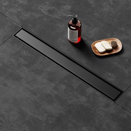 LISEEGO Linear Shower Drain 24 Inch Black, Shower Drain with 2-in-1 Tile Insert Panel, Brushed AISI 304 Stainless Steel Linear Drain for Fast Drainage, Floor Drain for Bathroom, Kitchen, Garage & More