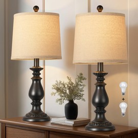 QiMH Farmhouse Table Lamp Set of 2, Rustic Table Lamps for Living Room, Vintage Nightstand Lamp with Rotary Switch, Beside Lamps for Bedroom, Traditional Table Lamps with Linen Shade, Matte Black