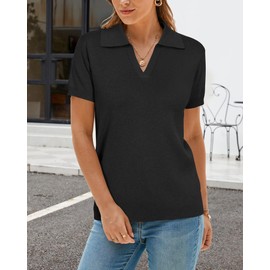 Arach&Cloz Women's Wool Blend Summer Fall Tops Polo Shirts 2025 Cashmere Short Sleeve Lightweight Business Casual Outfits Trendy Collared Old Money Clothes Golf Work Blouse Sweater Black S
