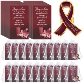 Unittype 60 Set Funeral Ribbon Pins Ribbon Awareness Lapel Pin Remembrance Ribbon Brooch with Prayer Cards Organza Bags (Burgundy Red)