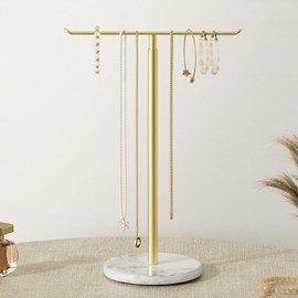 Josmimic Gold Necklace Holder Organizer – Necklace Holder Organizer, Modern Metal Jewellery Tree for Hanging Necklaces and Bracelets – Minimalist Countertop Jewellery Stand, T Shape