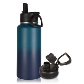 Volhoply 1 litre Insulated Water Bottle with Straw Lid & Spout Lid,Stainless Steel Sports Water Bottle,Double Wall Vacuum Thermos,Leakproof Metal Flask with Wide Mouth for Hiking,Camping(Dark Night,1)
