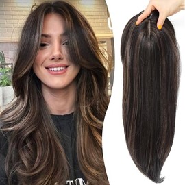 Synthetic Hair Topper with Bangs 18 Inch Layered Toppers for Women with Thinning Hair 5.5" x 5" Hand-Woven Forehead Hairline 360° 3D Cover Wispy Synthetic Toppers Hair for Women Fiber Wiglets