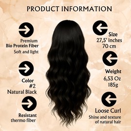 Drawstring Ponytail Hair Extension, Wavy Straight, 27,5 inch, Premium Bio Protein Synthetic Fiber Hair, Heat Resistant, Soft and Lightweight, Human Hair Texture, Model Emily (Natural Black)