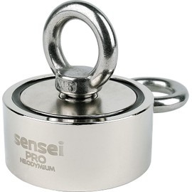 SENSEI Magnet 2 x 150 = 300 kg, Double-Sided Neodymium Magnet N52 with 2 Eyelets Top and Side, Diameter 6 cm x Height 2.7 cm, Very Strong Neodymium Eyelet Magnet for Home, Workshop, Magnetic Fishing in Water