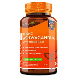 Ashwagandha 1100mg - 120 Vegan Capsules with Added BioperineÂ® - High Strength Natural Ashwagandha Root Powder - Vegan Friendly Ashwaganda Supplement - Made in The UK by Nutravita