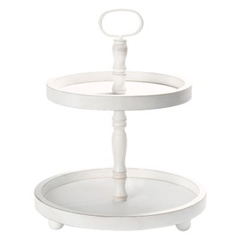 Wooden Two Tiered Tray Stand, Farmhouse Decorative Round Serving Tray with Metal Handle for Home, Kitchen Table Decor, Coffee Bar, Seasonal Holiday Decorations,Fruits and Cupcake Display (White)