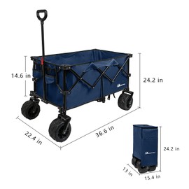 Moon Lence Collapsible Folding Wagon Cart Heavy Duty Folding Garden Portable Hand Cart with All-Terrain Beach Wheels, Adjustable Handle & Drink Holders (Blue)