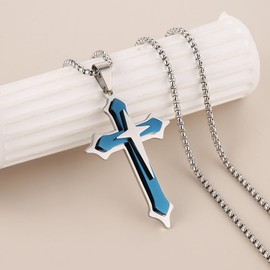 HZMAN Blue Cross Necklace for Men Stainless Steel High Polished Multilayer Cross Necklace Pendant Christian Jewelry Gift with 24Inch Chain