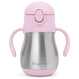 Bakpoco Stainless Steel Sippy Straw Cup for Toddlers 1-3 Years Old, Insulated Toddler Water Bottle Baby Training Tumbler with Handles, 8oz Kids Straw Cups for Travel, Daycare & At Home, Pink