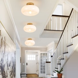 WOKNOS Mid-Century Modern Gold Semi Flush Mount Ceiling Light, Kitchen Ceiling Light Fixture with Glass Shade, Vintage White Close to Ceiling Lamp for Entryway Hallway Bathroom (11.0 Inch)