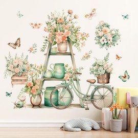 DRWSSR 2 Sheets Romantic Watercolor Flower Potted Plant Wall Decal Removable DIY Colorful Butterfly Wall Decal Vinyl Bicycle Mirror Snail Wall Art for Girls Boys Bedroom Living Room Bathroom Decor