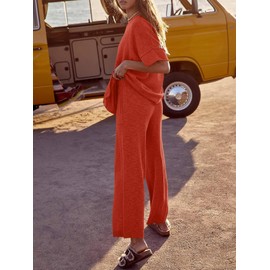 Tankaneo Women's 2 Piece Travel Outfits Casual Short Sleeve Knit Sweater Set Wide Leg Pants Lounge Sets Tracksuit