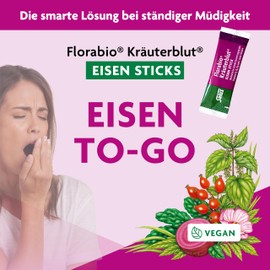 Florabio® Kräuterblut® Eisen Sticks | EISEN TO-GO | Für die schnelle Eisenversorgung | Einnahme ohne Wasser | Mit Pflanzenextrakten & Power Vitaminen gegen Müdigkeit | 20 Sticks