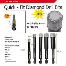 12mm Dry Diamond Drill Bits for Tile Porcelian Marble Granite Brick with 1/4-Inch Hex Shank Pack of 2 by DT-DIATOOL