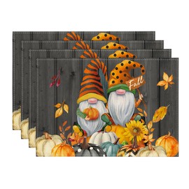 Artoid Mode Gnomes Pumpkins Fall Placemats Set of 4, 12x18 Inch Seasonal Autumn Thanksgiving Table Mats for Party Kitchen Dining Decoration