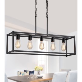 AMZASA Black Rectangle Kitchen Island Lights Rectangular Modern Industrial Chandelier for Dining Room 5 Lights Linear Vintage Cage Light Fixtures UL Listed